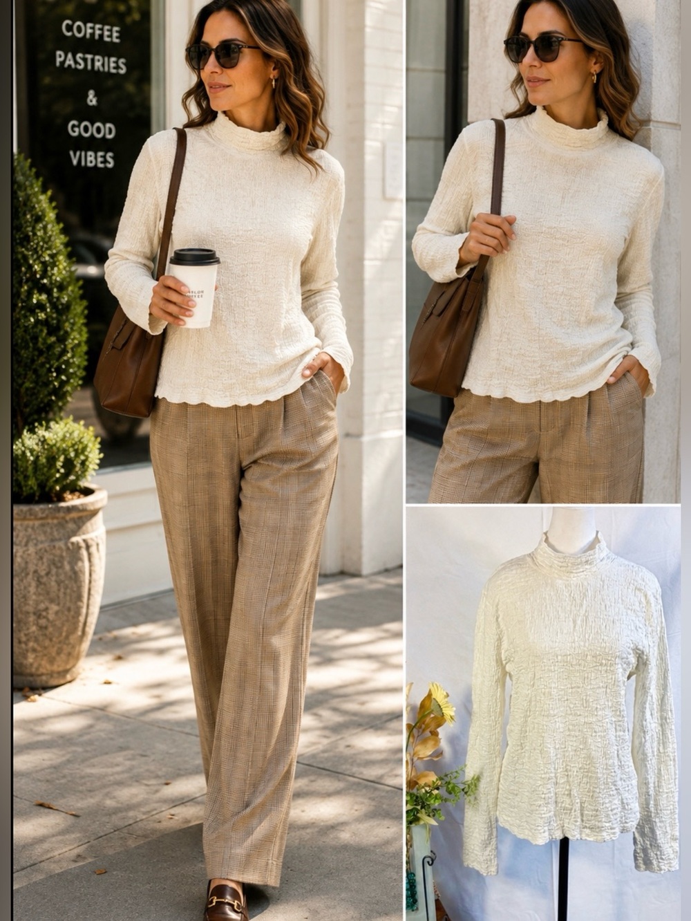 Evereve Cream Crinkle Textured Mock Neck Top Long Sleeve Lightweight Size L🧡